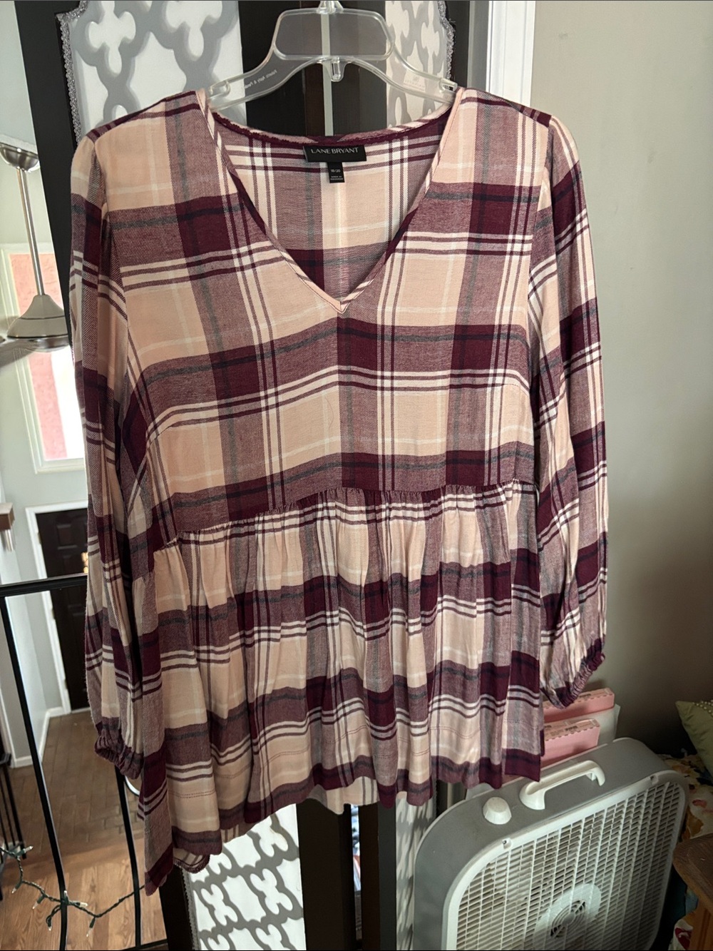 Lane Bryant Burgundy and Cream Plaid V-Neck Peplum Top